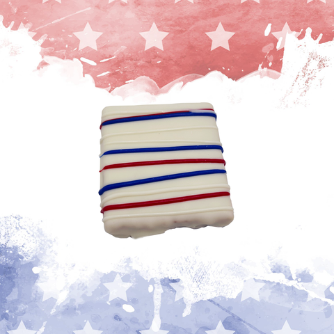 Patriotic chocolate treat with red, white, and blue stripes on a festive starry background, perfect for American celebrations.