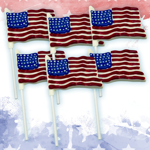 White Chocolate American Flag Lollipops in a 6-pack, handcrafted patriotic treats for Fourth of July and Memorial Day celebrations.