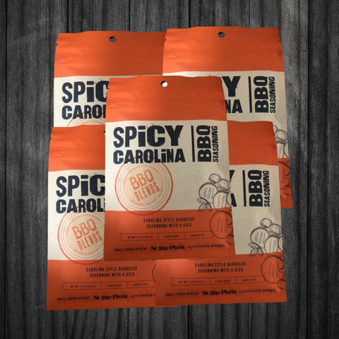"Spicy Carolina BBQ Seasoning 5-Pack on rustic wood background"