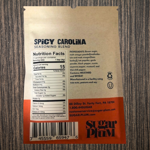 "Back of Spicy Carolina BBQ Seasoning packet with ingredients and nutrition facts from Sugar Plum"
