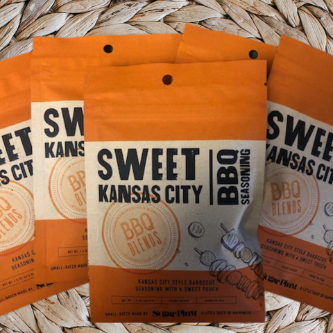 Sweet Kansas City BBQ Seasoning 5-pack showcasing orange packaging with smoky, sweet barbecue blend for ribs, chicken, and pork.
