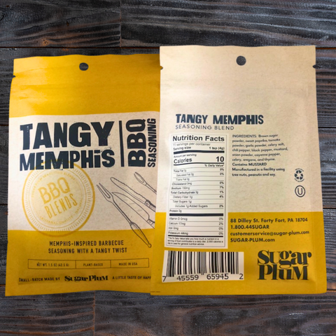 Tangy Memphis BBQ Seasoning packaging with nutritional information and Sugar Plum branding.