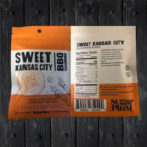 Sweet Kansas City BBQ Seasoning packaging with label and ingredients by Sugar Plum.