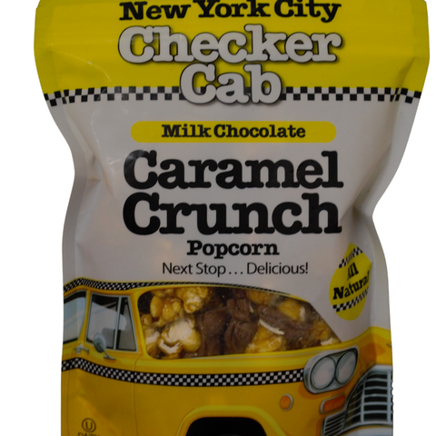 NYC Checker Cab Milk Chocolate Caramel Crunch Popcorn bag featuring artistic yellow cab design.