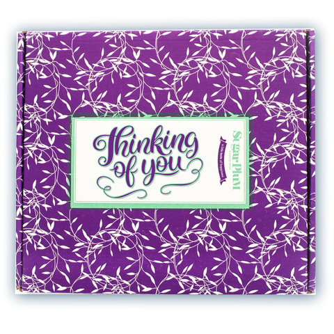Decorative purple box with "Thinking of You" message, part of Sugar Plum’s Comfort Box - 15 Gourmet Snacks Care Package.