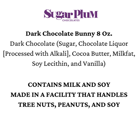 "Sugar Plum Dark Chocolate Bunny 8 oz ingredients and allergy information"