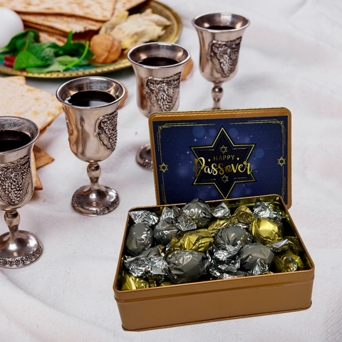 Kosher for Passover Pareve dairy-free truffles in a gift box with Passover Seder setting and wine cups.