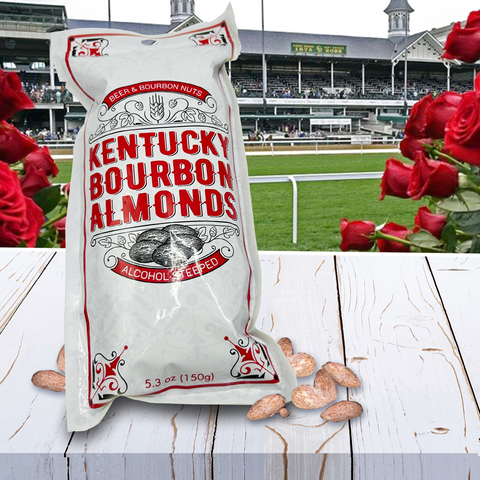 Kentucky Bourbon Almonds package in front of the Derby racetrack with red roses, showcasing Southern flavor delights.