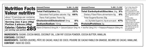 Nutrition facts and ingredients label for dairy-free truffles showing calories, fat content, and key ingredients like cocoa and coconut.