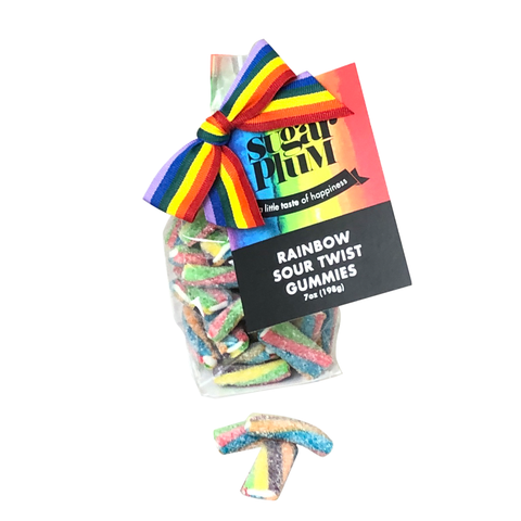 Rainbow Sour Twist Gummies 7 oz bag with colorful ribbon, showcasing sweet and tangy chewy candy ideal for snacking and sharing.