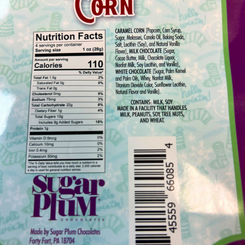Sugar Plum Caramel Corn package with nutrition facts and ingredients list, highlighting white and milk chocolate drizzle details.