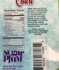 Sugar Plum Caramel Corn package with nutrition facts and ingredients list, highlighting white and milk chocolate drizzle details.