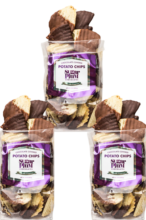 Three bags of Sugar Plum's chocolate-covered potato chips, featuring a mix of milk and dark chocolate-dipped crunchy snacks.