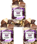 Three bags of Sugar Plum's chocolate-covered potato chips, featuring a mix of milk and dark chocolate-dipped crunchy snacks.
