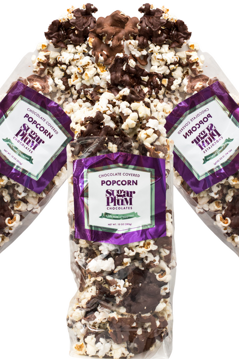 Gourmet chocolate-covered popcorn 3-pack with milk and dark chocolate drizzle, Sugar Plum brand packaging.