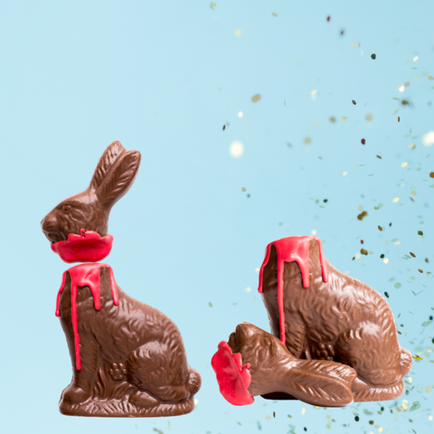 Milk Chocolate Victim Bunny for Halloween with red details, featuring a headless design and confetti background.