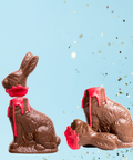 Milk Chocolate Victim Bunny for Halloween with red details, featuring a headless design and confetti background.