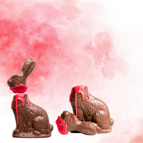 Handmade milk chocolate headless bunny with red details, perfect for Halloween treats and quirky gifts, 7.5 oz gourmet chocolate
