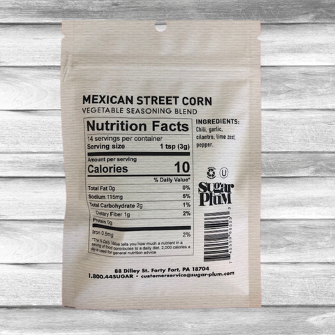 Sugar Plum Mexican Street Corn Vegetable Seasoning Pack with Nutrition Facts and Ingredients List
