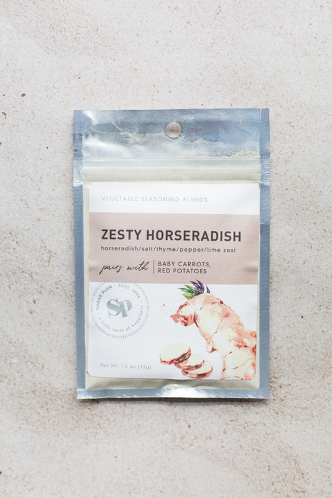 Pack of Zesty Horseradish Vegetable Seasoning with herbs and spices for carrots and potatoes.